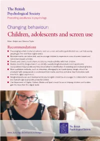 Changing Behaviour: Children, Adolescents and Screen Use