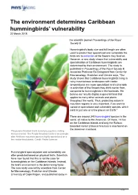 The Environment Determines Caribbean Hummingbirds' Vulnerability 22 March 2018