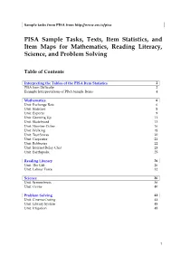 PISA Sample Tasks, Texts, Item Statistics, and Item Maps for Mathematics, Reading Literacy, Science, and Problem Solving