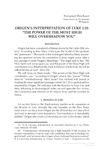 Origen's Interpretation of Luke 1:35: “The Power of the Most High Will