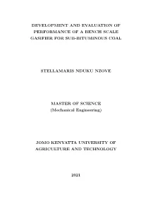 Development and Evaluation of Performance of a Bench Scale Gasifier for Sub-Bituminous Coal Stellamaris Nduku Nzove Master of Sc