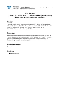 July 02, 1953 Transcript of the CPSU CC Plenum Meetings Regarding Beria’S Views on the German Question
