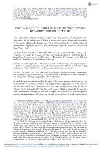 P.Oxy. 2438 and the Order of Books in Aristophanes Byzantius’ Edition of Pindar