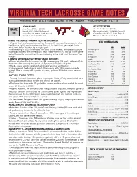 Virginia Tech Lacrosse Game Notes