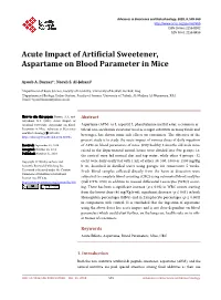 Acute Impact of Artificial Sweetener, Aspartame on Blood Parameter in Mice
