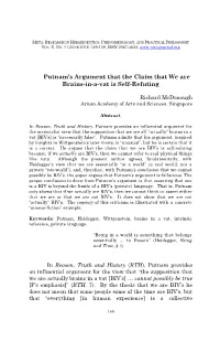 Putnam's Argument That the Claim That We Are Brains-In-A-Vat Is Self