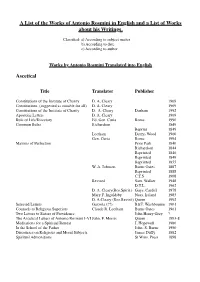 Works of Antonio Rosmini in English and a List of Works About His Writings
