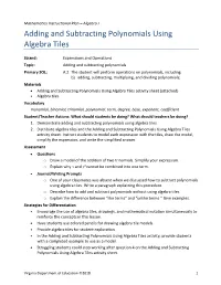 Adding and Subtracting Polynomials Using Algebra Tiles