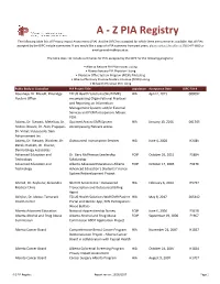A - Z PIA Registry the Following Table Lists All Privacy Impact Assessments (PIA) That the OIPC Has Accepted for Which There Are Summaries Available