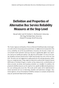Definition and Properties of Alternative Bus Service Reliability Measures at the Stop Level