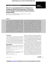 MALAT1 Is Associated with Poor Response to Oxaliplatin-Based