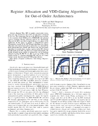 Register Allocation and VDD-Gating Algorithms for Out-Of-Order