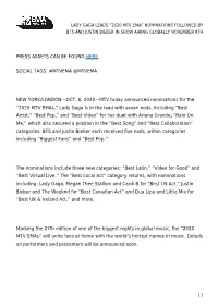 Lady Gaga Leads “2020 Mtv Ema” Nominations Followed by Bts and Justin Bieber in Show Airing Globally November 8Th