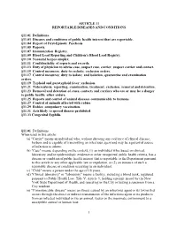 NYC Health Code and Rules – Article 11- Reportable Diseases And