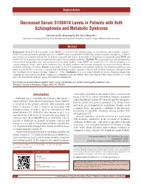 Decreased Serum S100A10 Levels in Patients with Both Schizophrenia and Metabolic Syndrome