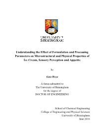 Understanding the Effect of Formulation and Processing Parameters on Microstructural and Physical Properties of Ice Cream, Sensory Perception and Appetite