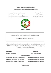 The U.S. Nuclear Disarmament Policy Imposed Towards Iran During Obama’S Presidency with a Focus on the Reasons, Procedures and Implications of This Policy