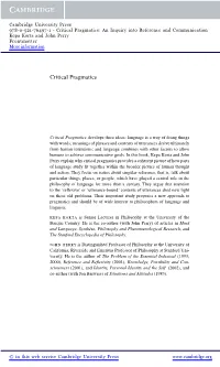 Critical Pragmatics: an Inquiry Into Reference and Communication Kepa Korta and John Perry Frontmatter More Information