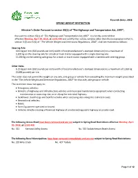 SPRING WEIGHT RESTRICTION Minister's Order Pursuant to Section