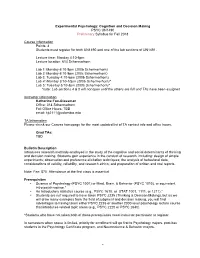 Experimental Psychology: Cognition and Decision Making PSYC UN1490 Preliminary Syllabus for Fall 2018 Course Information Points