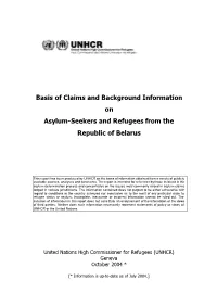 Basis of Claims and Background Information on Asylum-Seekers and Refugees from the Republic of Belarus