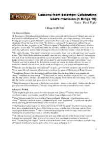 1 Kings 10) Notes: Week Eight