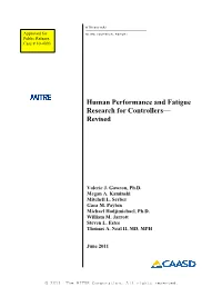 Human Performance and Fatigue Research for Controllers— Revised