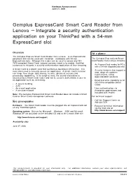 Gemplus Expresscard Smart Card Reader from Lenovo — Integrate a Security Authentication Application on Your Thinkpad with a 54-Mm Expresscard Slot