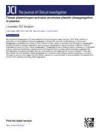 Tissue Plasminogen Activator Promotes Platelet Disaggregation in Plasma