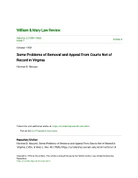 Some Problems of Removal and Appeal from Courts Not of Record in Virginia
