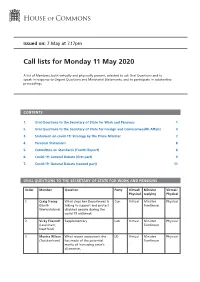 Call List for Mon 11 May 2020