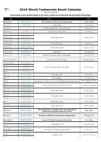 2019 World Taekwondo Event Calendar (Subject to Change) ※ Event Grade Will Be Decided Based on the Result of 2018 Event Evaluation and Announced in November