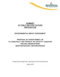 Summary of Public and First Nations Participation Environmental Impact Assessment Proposal by Sisson Mines Ltd to Construct