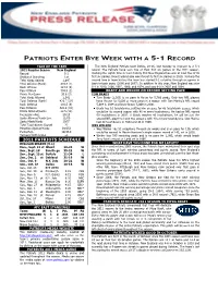 Patriots Enter Bye Week with a 5-1 Record