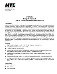 NTE7072 Integrated Circuit Dual DC Controlled Potentiometer Circuit