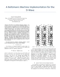 A Boltzmann Machine Implementation for the D-Wave