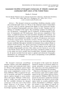 Annotated Checklist of Decapod Crustaceans of Atlantic Coastal and Continental Shelf Waters of the United States