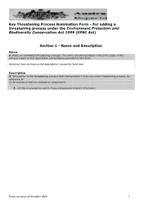 For Adding a Threatening Process Under the Environment Protection and Biodiversity Conservation Act 1999 (EPBC Act)