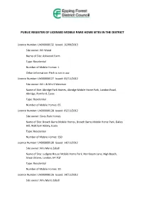 Public Register of Licensed Mobile Park Home Sites in the District