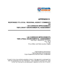 Appendix D Responses to Local / Regional Agency Comments on I-66 Corridor Improvements Tier 2 Draft Environmental Assessment