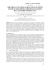The Impact of Using E-Health on Patient Satisfaction from a Physician-Patient Relationship Perspective