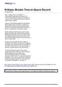 Krikalev Breaks Time-In-Space Record 16 August 2005