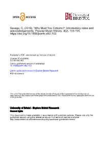 Savage, C. (2013). 'Why Must You Criticize?': Introductory Notes and Acknowledgements