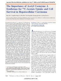 The Importance of Acetyl Coenzyme a Synthetase for 11C-Acetate Uptake and Cell Survival in Hepatocellular Carcinoma