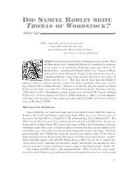 Did Samuel Rowley Write Thomas of Woodstock? the OXFORDIAN Volume X 2007