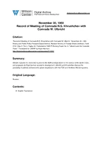 November 30, 1960 Record of Meeting of Comrade N.S. Khrushchev with Comrade W