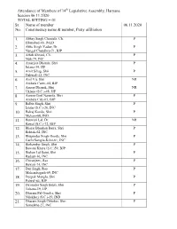 Attendance of Members of 14Th Legislative Assembly, Haryana Session 06.11.2020 TOTAL SITTING = 01 Sr
