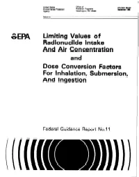 Limiting Values of Radionuclide Intake and Air Concentration and Dose Conversion Factors for Inhalation, Submersion, and Ingestion