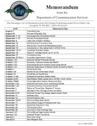 GPISD 2021-2022 Observance Day Calendar