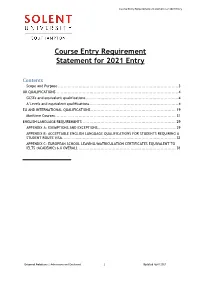 Course Entry Requirement Statement for 2021 Entry